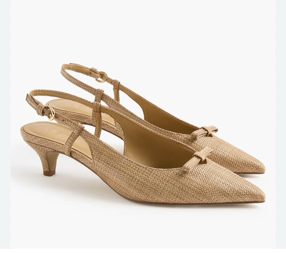 J.Crew Wm’s Woven bow slingback heels pumps Toasted Rafia 9.5 M